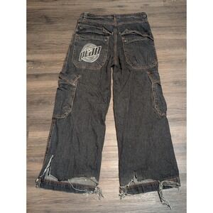 A-Lab Mens 36 Wide Leg Cargo Jeans Black Orange Contrast Stitch Y2K Baggy Skate